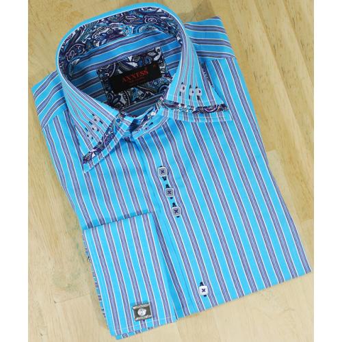 Axxess Turquoise With Royal / Black / White Stripes Paisley Design / Tabbed Collar 100% Cotton Dress Shirt